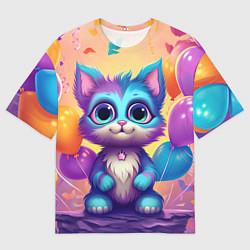 Мужская футболка оверсайз Котик с воздушными шариками