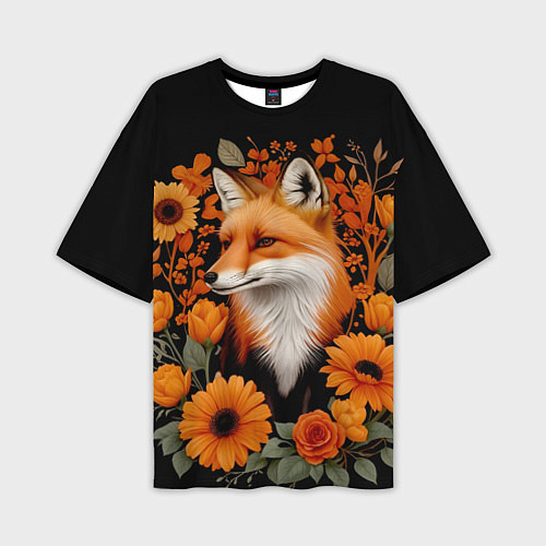 Мужская футболка оверсайз Элегантная лиса и цветы / 3D-принт – фото 1