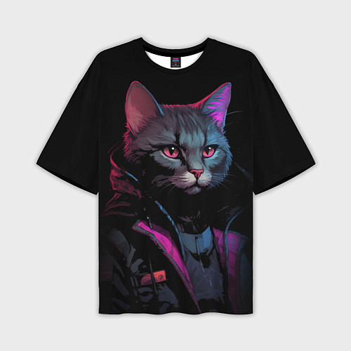 Мужская футболка оверсайз Кот в стиле киберпанк / 3D-принт – фото 1