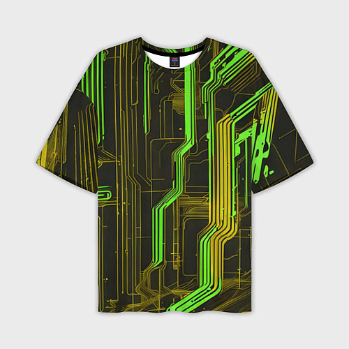 Мужская футболка оверсайз Кибер схема зелёная / 3D-принт – фото 1