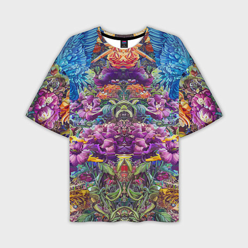 Мужская футболка оверсайз Зеркальный цветочный паттерн с птицами - мода - не / 3D-принт – фото 1