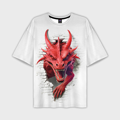 Мужская футболка оверсайз Красный дракон выглядывает из стены / 3D-принт – фото 1