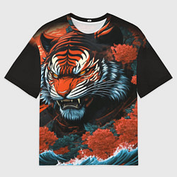 Мужская футболка оверсайз Тигр с розами на волнах в стиле тату ирезуми