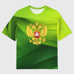 Футболка оверсайз мужская Золотистый герб России на зеленом фоне, цвет: 3D-принт