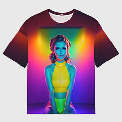 Мужская футболка оверсайз Девушка в жёлтом топе медитирует в неоновой комнат