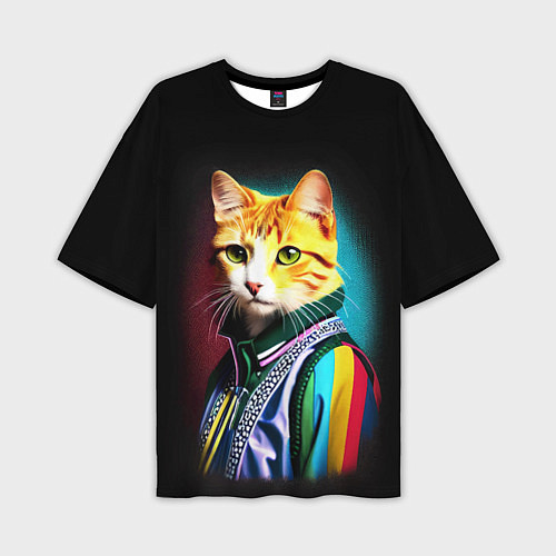 Мужская футболка оверсайз Модный рыжий кот - неон - поп-арт / 3D-принт – фото 1