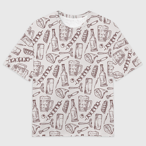 Мужская футболка оверсайз Паттерн с стеклянной кружкой и шашлыком в стиле кр / 3D-принт – фото 1