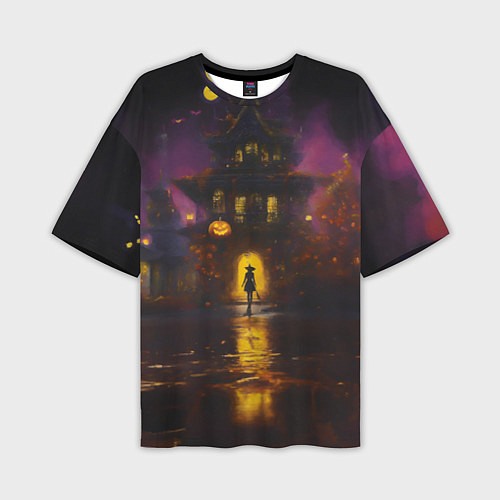 Мужская футболка оверсайз Жуткий дом и ведьма с метлой / 3D-принт – фото 1