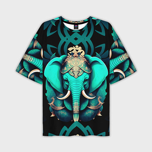 Мужская футболка оверсайз Бирюзовый слон с узорами и лотосом / 3D-принт – фото 1