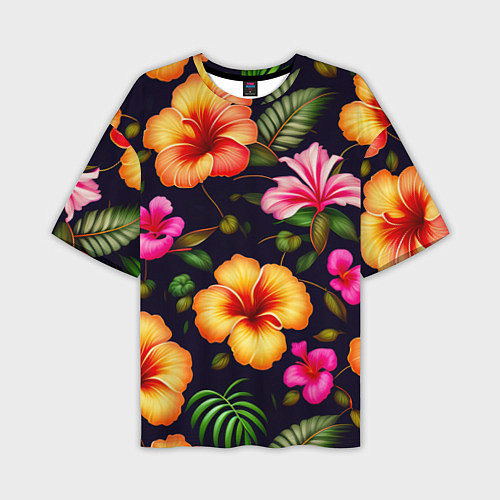 Мужская футболка оверсайз Гавайские цветы узор / 3D-принт – фото 1