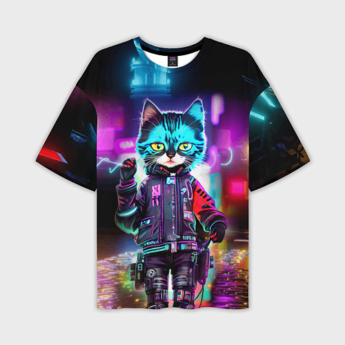 Мужская футболка оверсайз Cool kitten - cyberpunk - neon glow / 3D-принт – фото 1