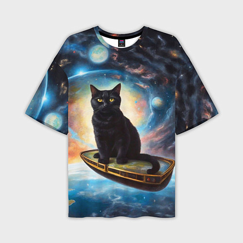 Мужская футболка оверсайз Черный кот на космическом корабле летящий в космос / 3D-принт – фото 1