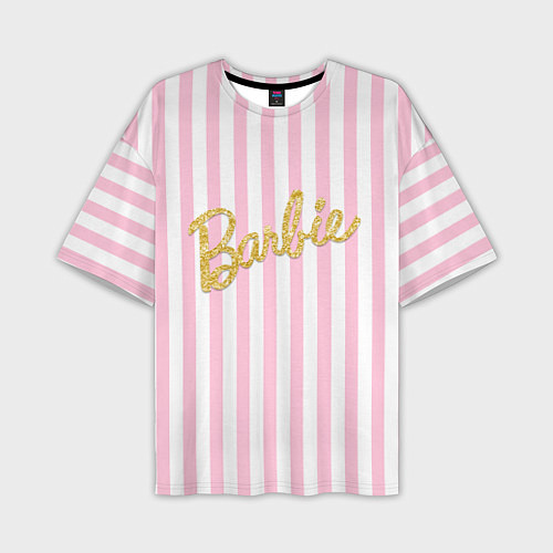 Мужская футболка оверсайз Barbie - золотая надпись и бело-розовые полосы / 3D-принт – фото 1