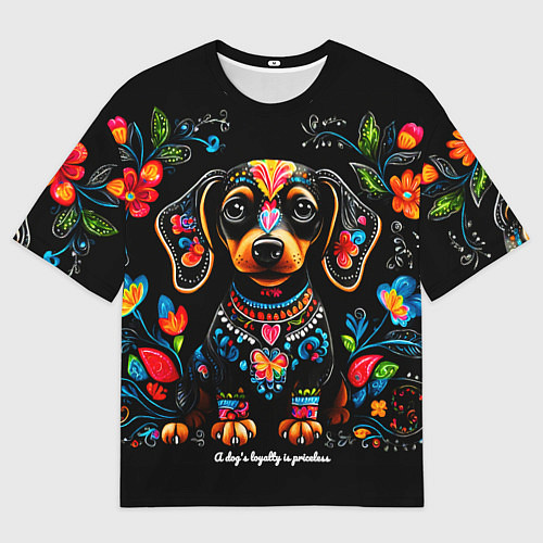 Мужская футболка оверсайз Такса с цветами и узорами / 3D-принт – фото 1