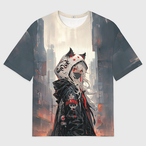 Мужская футболка оверсайз Девочка-кошка в маске / 3D-принт – фото 1