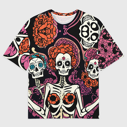 Мужская футболка оверсайз Черепа с цветами в гриме муэрто / 3D-принт – фото 1