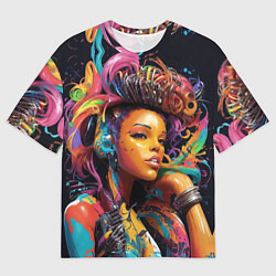Мужская футболка оверсайз Красивая киберпанк девушка и яркие краски в стиле
