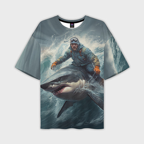 Мужская футболка оверсайз Мужчина верхом на акуле / 3D-принт – фото 1