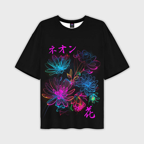 Мужская футболка оверсайз Неоновые цветы - японский стиль / 3D-принт – фото 1