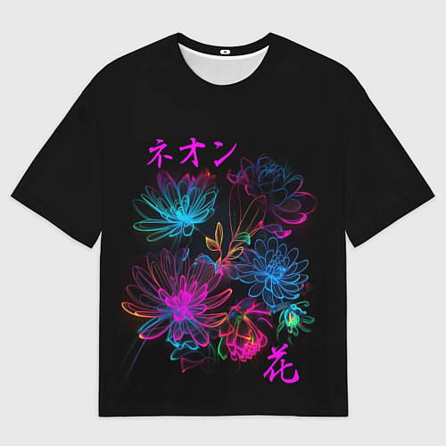 Мужская футболка оверсайз Неоновые цветы - японский стиль / 3D-принт – фото 1
