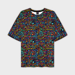 Мужская футболка оверсайз Абстрактные разноцветные линии на черном фоне