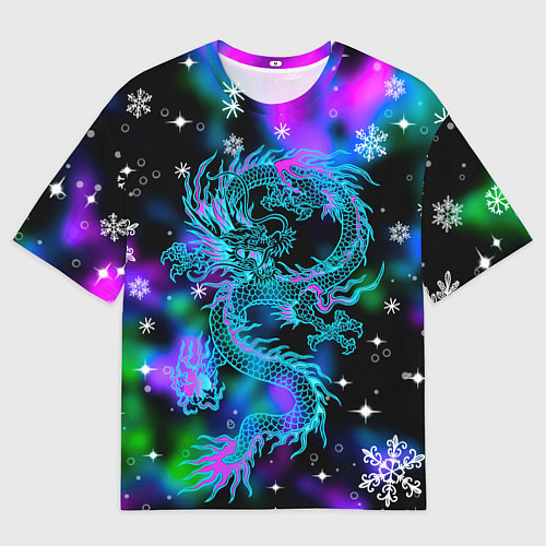 Мужская футболка оверсайз Неоновый дракон в снежинках / 3D-принт – фото 1