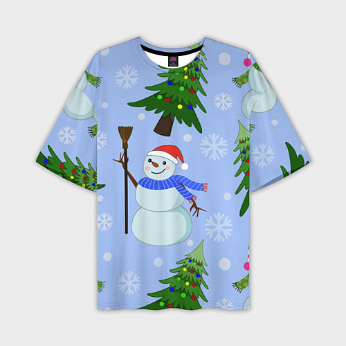 Мужская футболка оверсайз Снеговики с новогодними елками паттерн / 3D-принт – фото 1