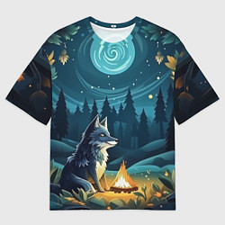 Мужская футболка оверсайз Волк у костра в стиле фолк-арт