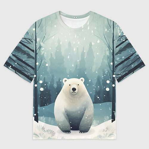 Мужская футболка оверсайз Мишка в зимнем лесу в стиле фолк-арт / 3D-принт – фото 1