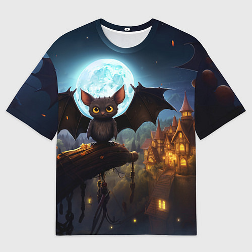 Мужская футболка оверсайз Летучая мышка на фоне луны и замка / 3D-принт – фото 1