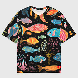 Футболка оверсайз мужская Фолк-арт рыбовы, цвет: 3D-принт