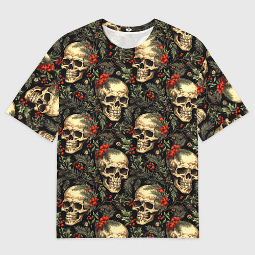Мужская футболка оверсайз Череп рябина шишки и хвойные ветки / 3D-принт – фото 1