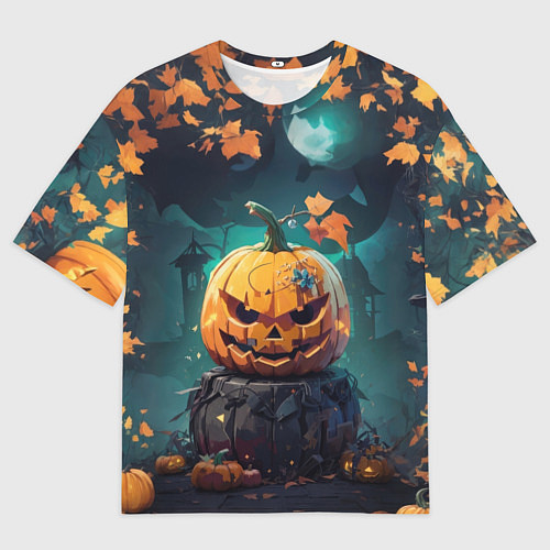 Мужская футболка оверсайз Хэллоуинская тыква под луной / 3D-принт – фото 1