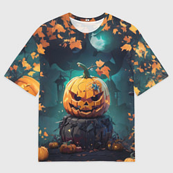 Мужская футболка оверсайз Хэллоуинская тыква под луной