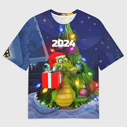 Мужская футболка оверсайз Дракон с подарком у елки
