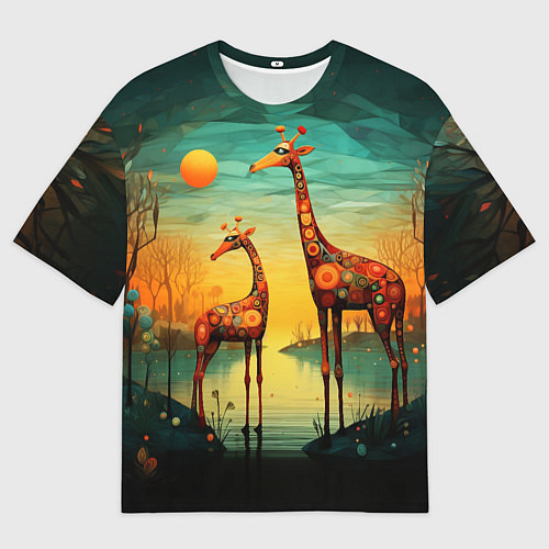 Мужская футболка оверсайз Жирафы в стиле фолк-арт / 3D-принт – фото 1