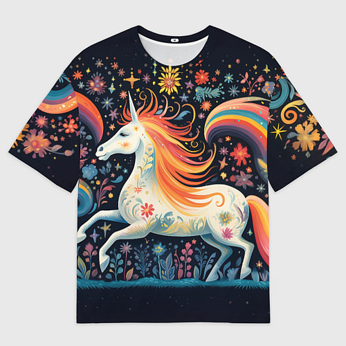 Мужская футболка оверсайз Радужная лошадка в стиле фолк-арт / 3D-принт – фото 1
