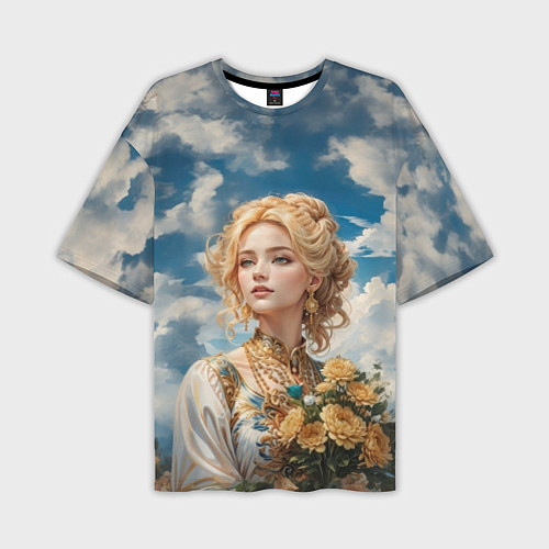 Мужская футболка оверсайз Девушка славянка с букетом цветов / 3D-принт – фото 1