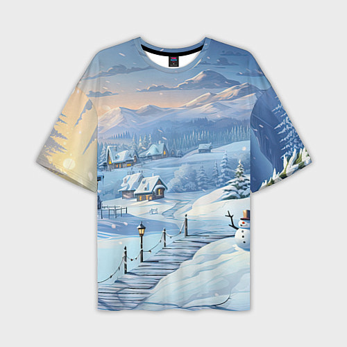 Мужская футболка оверсайз Новогодний дворик со снеговиком / 3D-принт – фото 1