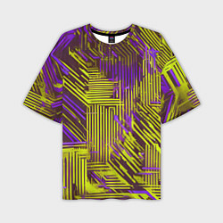 Мужская футболка оверсайз Киберпанк линии фиолетовые и жёлтые