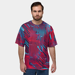 Футболка оверсайз мужская Киберпанк линии синие и красные, цвет: 3D-принт — фото 2