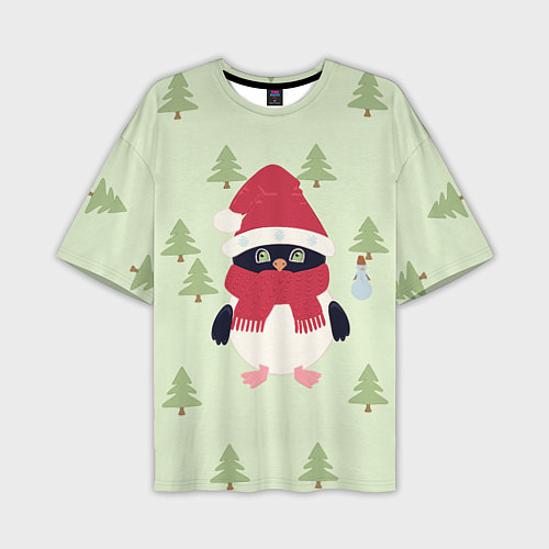Мужская футболка оверсайз Пингвин в лесу со снеговиком / 3D-принт – фото 1