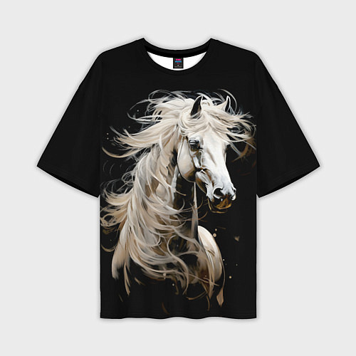 Мужская футболка оверсайз Лошадь белая в ночи / 3D-принт – фото 1