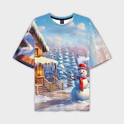 Мужская футболка оверсайз Новогодняя деревня и снеговик