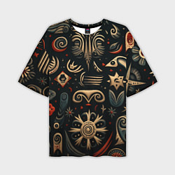 Мужская футболка оверсайз Абстрактный узор в славянском стиле на тёмном фоне