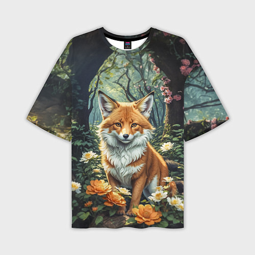 Мужская футболка оверсайз Лисица в лесу в цветах / 3D-принт – фото 1