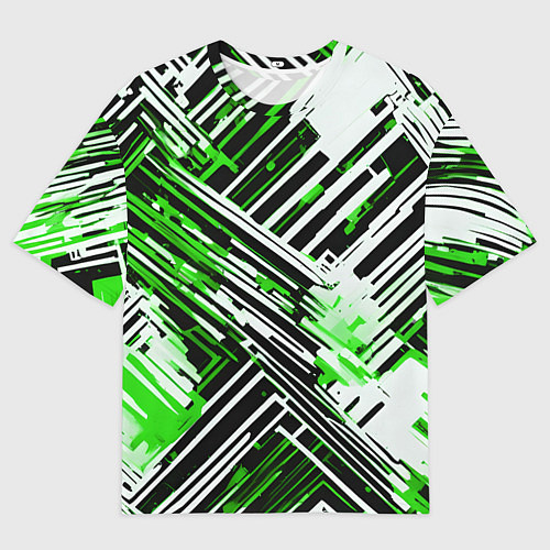 Мужская футболка оверсайз Киберпанк линии белые и зелёные / 3D-принт – фото 1