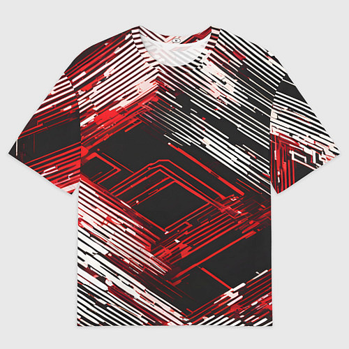 Мужская футболка оверсайз Киберпанк линии белые и красные / 3D-принт – фото 1