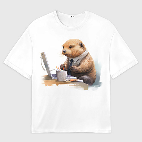 Мужская футболка оверсайз Выдра за компьютером / 3D-принт – фото 1