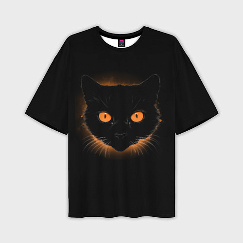 Мужская футболка оверсайз Портрет черного кота в оранжевом свечении / 3D-принт – фото 1